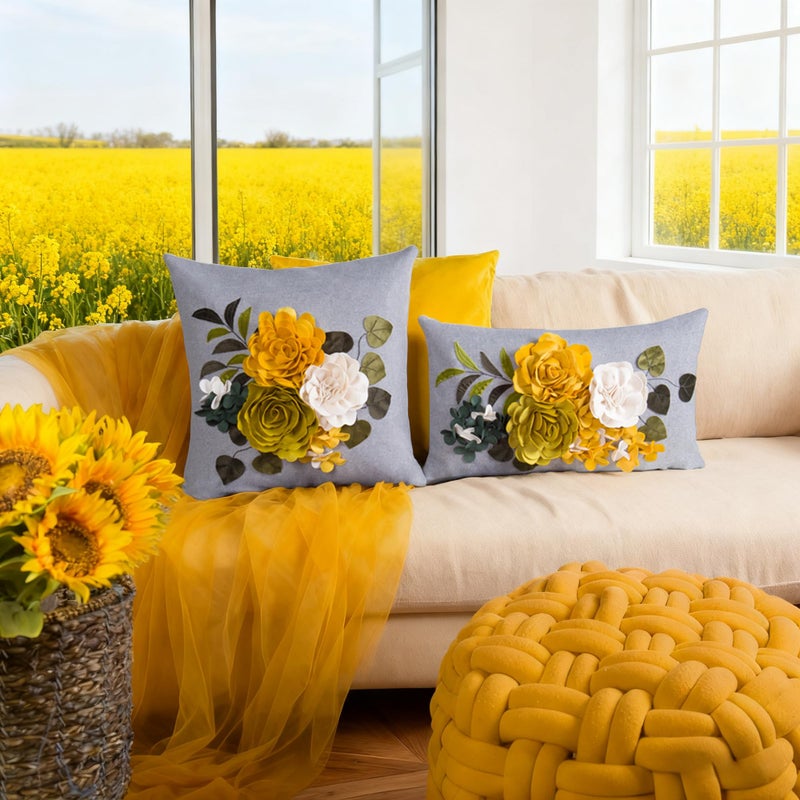 JWH Decorative 3D Flower Throw Pillow Cover Aesthetic Floral Accent Pillow Cases Colorful Pillowcase Handmade Cushion for Farmhouse Living Room Sofa Couch Chair 12x20 Inches Gray Yellow - Image 2